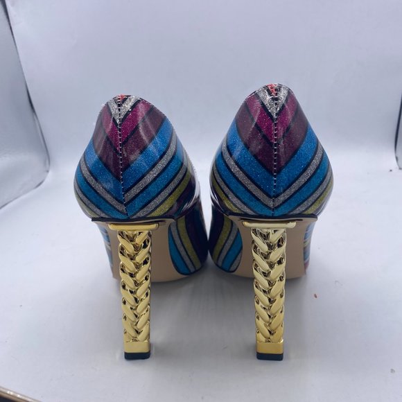 FSJ Multicolor Glitter Gold Metal Chain Chunky High Heel Pointed Toe Pumps - Picture 6 of 11